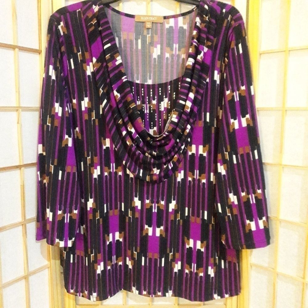 Ellen Tracy Geometric Print Cowl Neck Top Sz XL